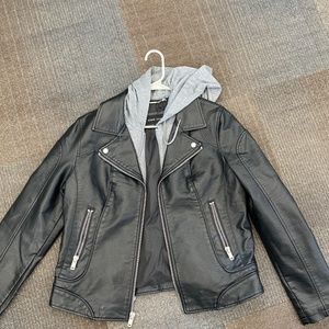 Black Rivet Leather Jacket with attached Hoodie